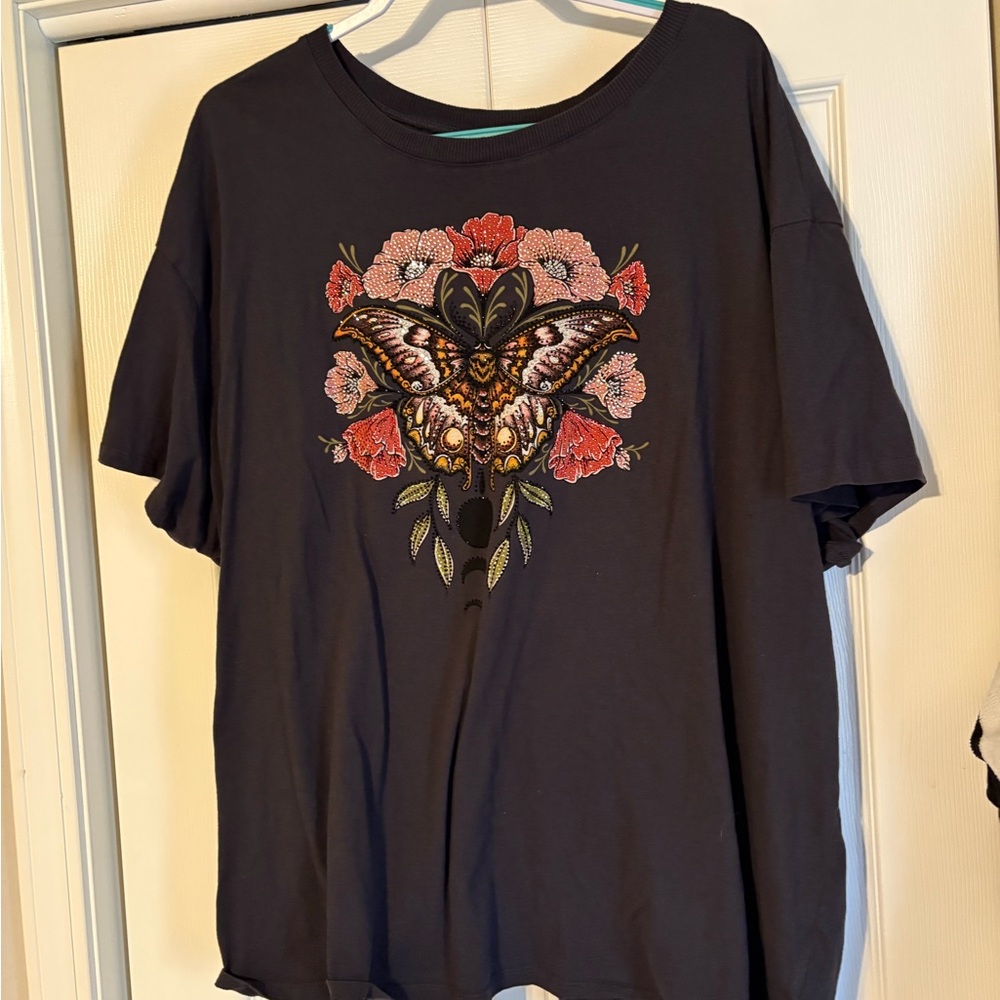 torrid Black Tee with Butterfly & Floral Embroidery